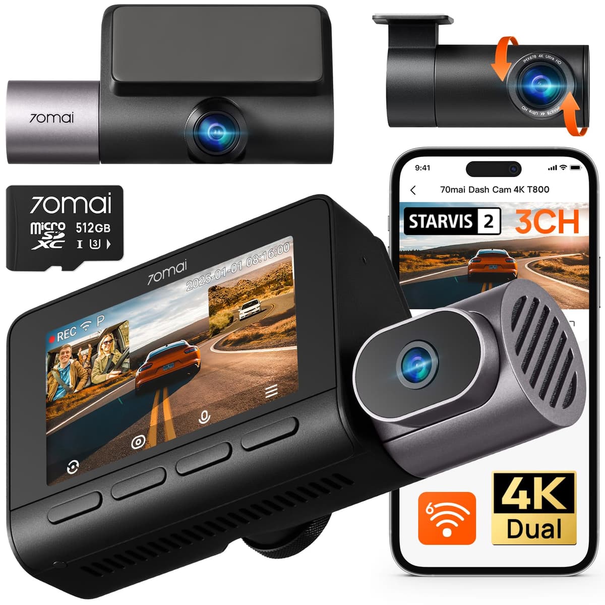 70mai 4K T800 Dash Cam 3 Canales (Front+Rear 4K, Interior 1080P), STARVIS 2, HDR, WiFi6,4G, ADAS, 512GB T800-41