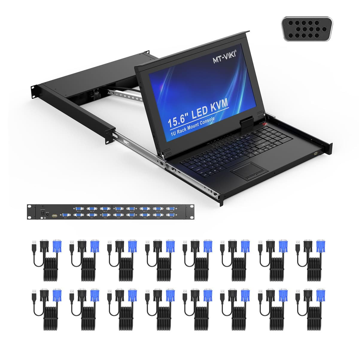 MT-VIKI 16 Port VGA KVM Console 1U con Monitor 15.6'' 1080P e Integrado Touchpad+Teclado+Cajón + 16 Cables KVM MT-1516UL-CA