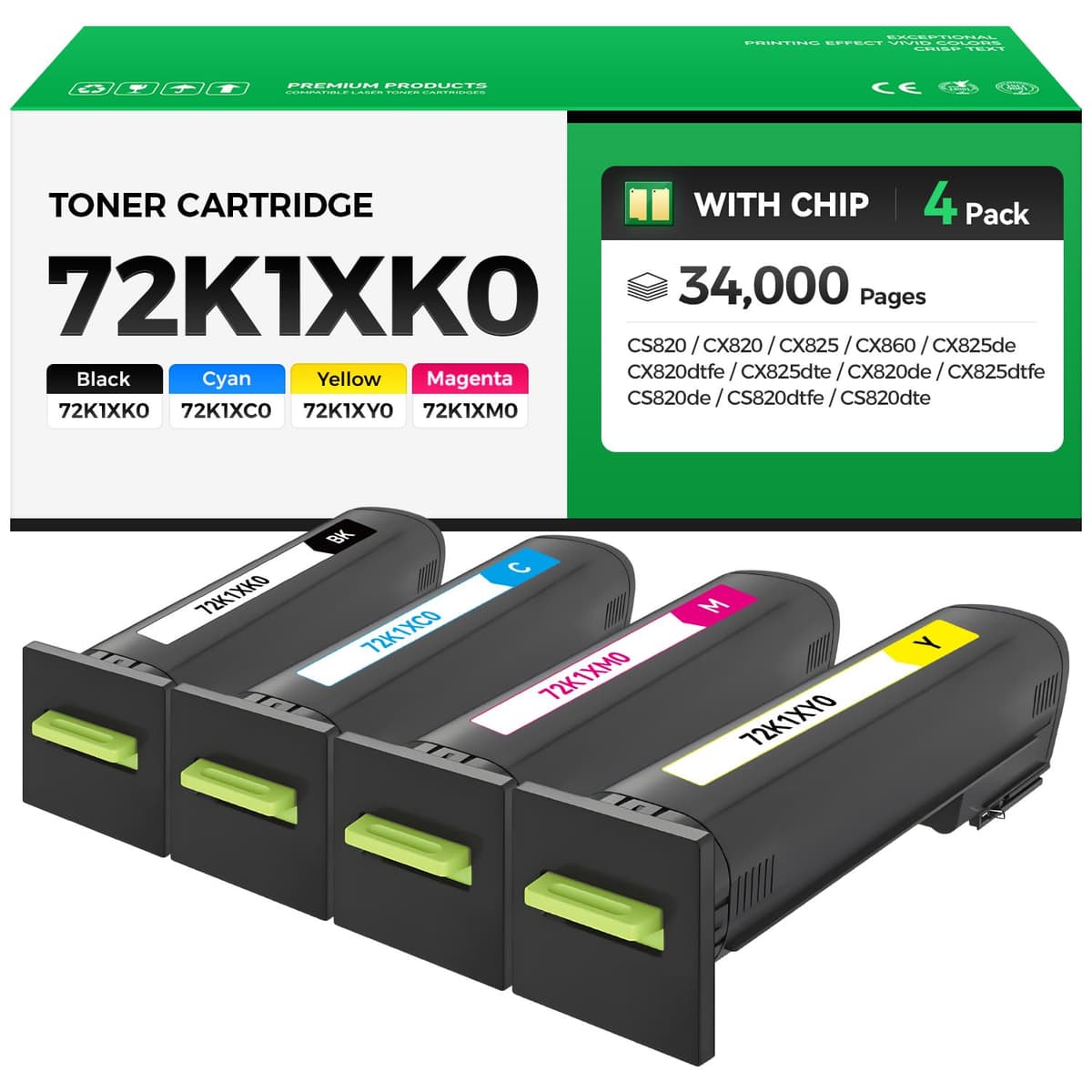 caink Set Toner 4-Pack 72K1XK0/72K1XC0/72K1XM0/72K1XY0 Compatible Lexmark (CS820/CX820/CX825/CX860)