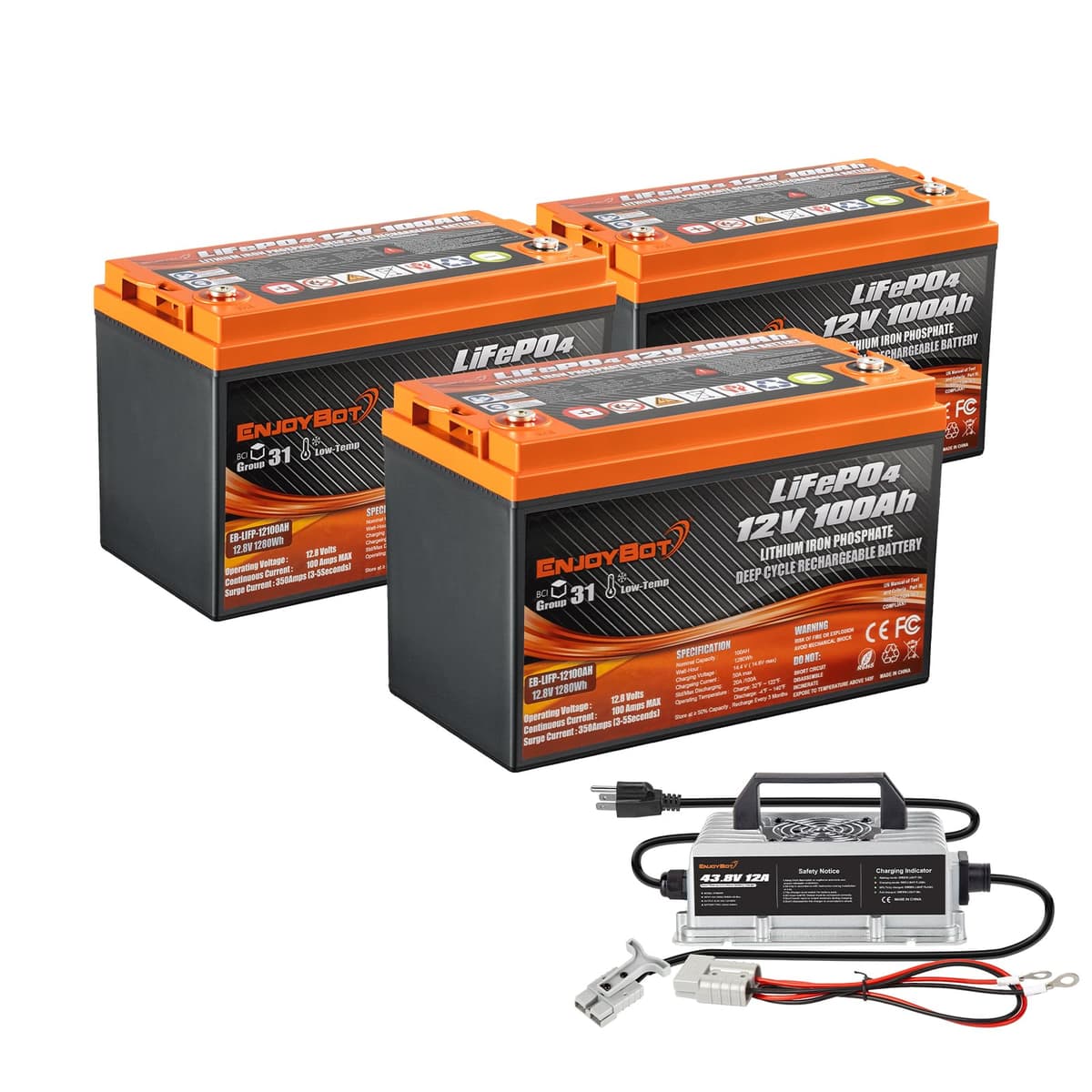 Enjoybot pack de 3 baterías LiFePO4 12V 100Ah con BMS 100A y cargador 43.8V 12A 12V100Ah 3Pack+43.8V12A