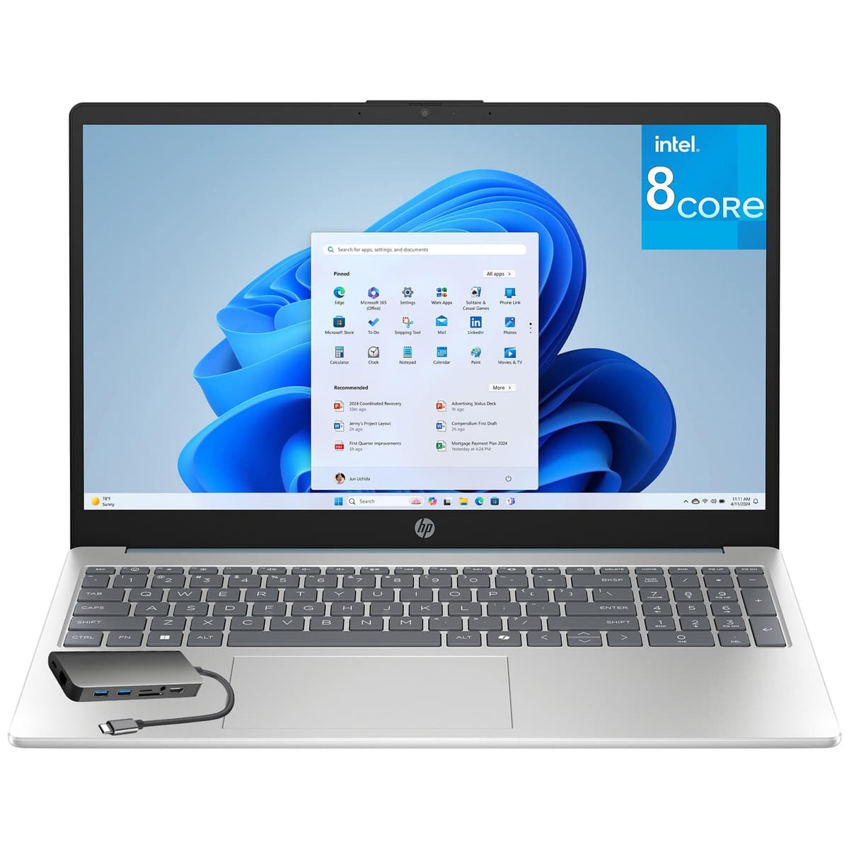 Laptop HP 15.6" con pantalla táctil para oficina y hogar, 16GB DDR4 RAM, 512GB SSD PCIe, procesador Intel octa-core, FHD, Wi-Fi 6, Bluetooth 5.4, teclado numérico, azul moonlight, Windows 11 Home, hub USB-C Laptop 15