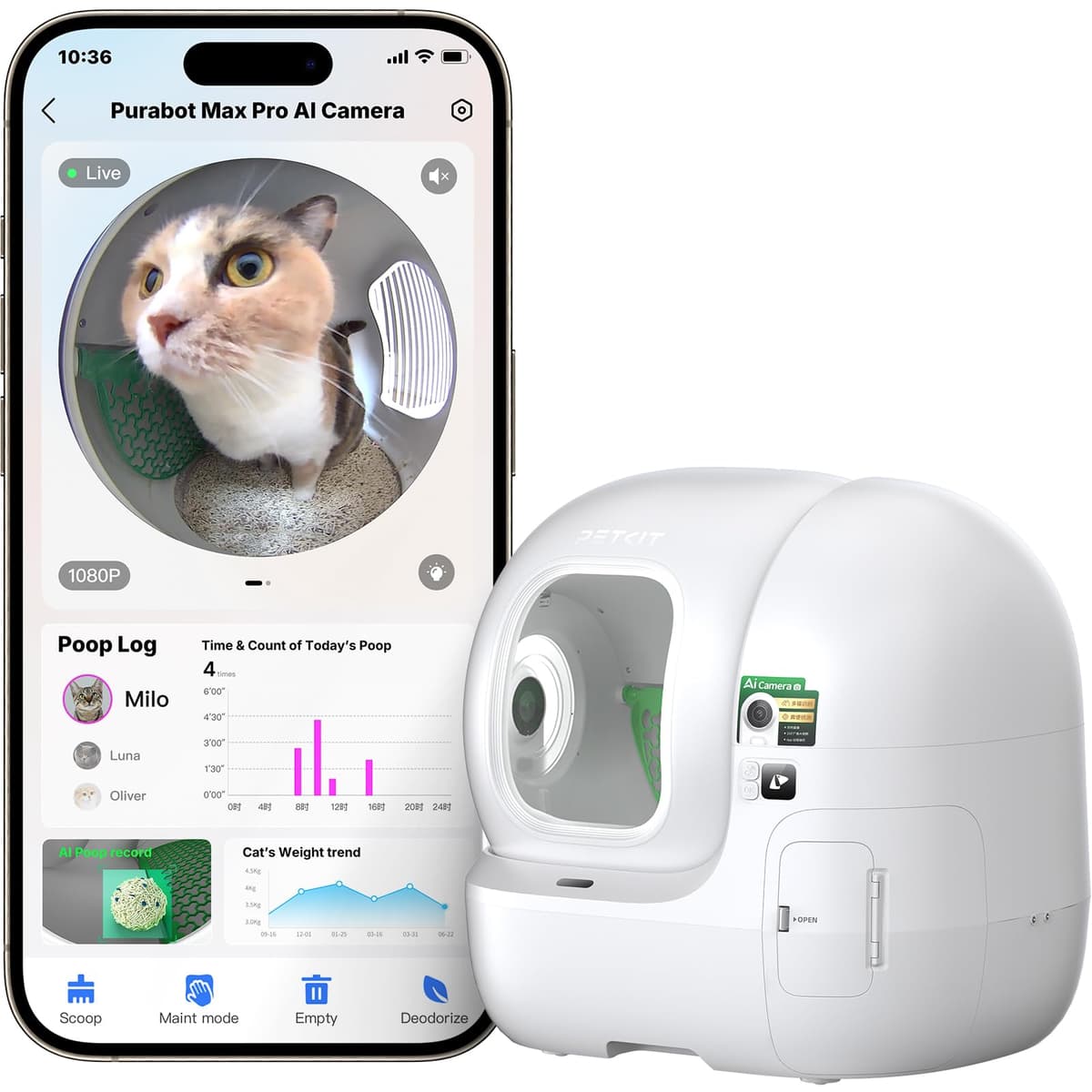 Caja de Arena Automática para Gatos PETKIT 2025 New Purobot Max Pro con Reconocimiento Facial AI-Cámara, 210° Gran Angular, Control APP WiFi 5G, Caja de Arena Autolimpiante Grande, Sin Olores y Seguridad Integrada T5