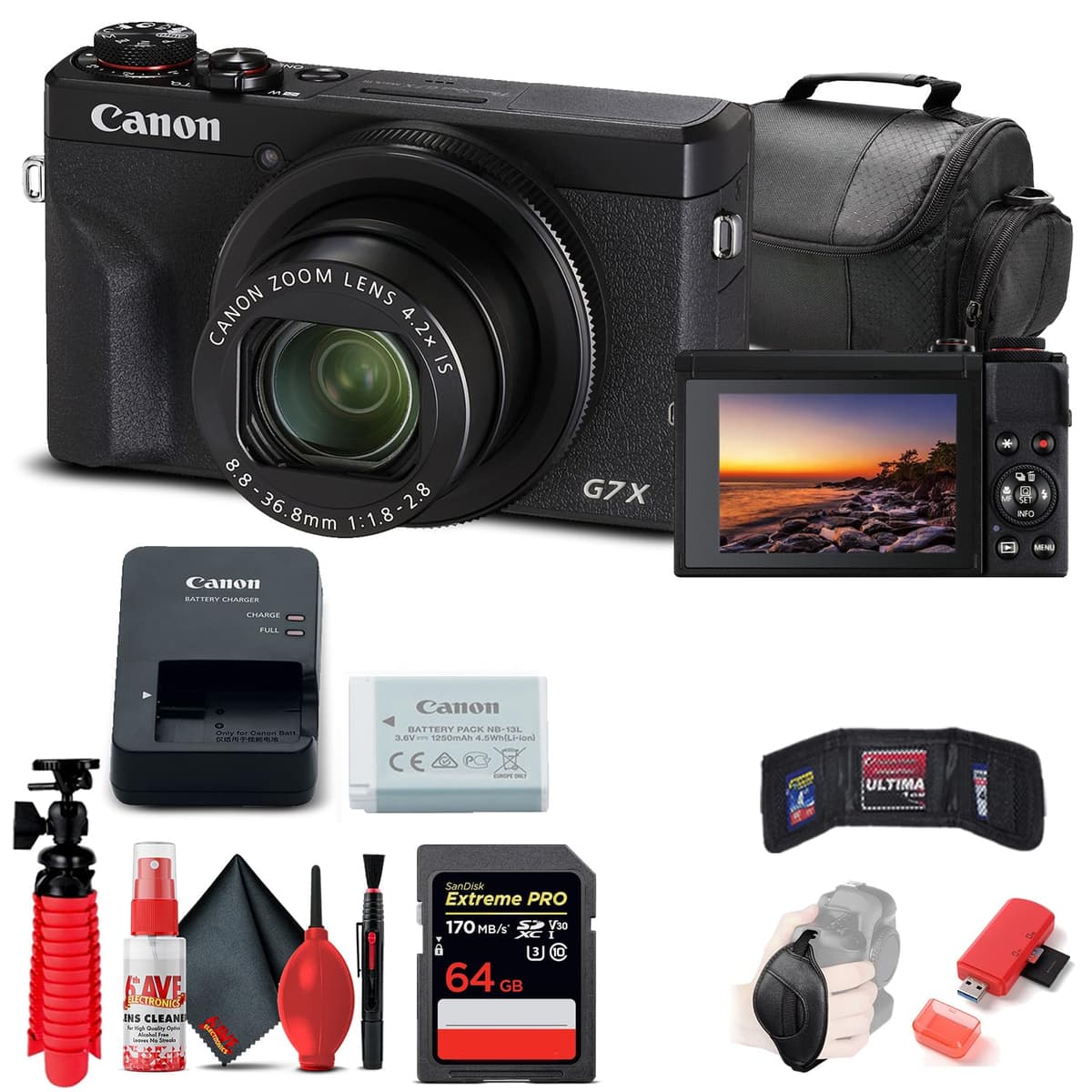 Cámara digital Canon PowerShot G7 X Mark III (Negro) (3637C001) + Tarjeta de 64GB + Lector de tarjetas + Bolsa suave de lujo + Trípode flexible + Correa de mano + Funda para tarjetas + Kit de limpieza (Reacondicionado) 3637C001_EDIV3_1