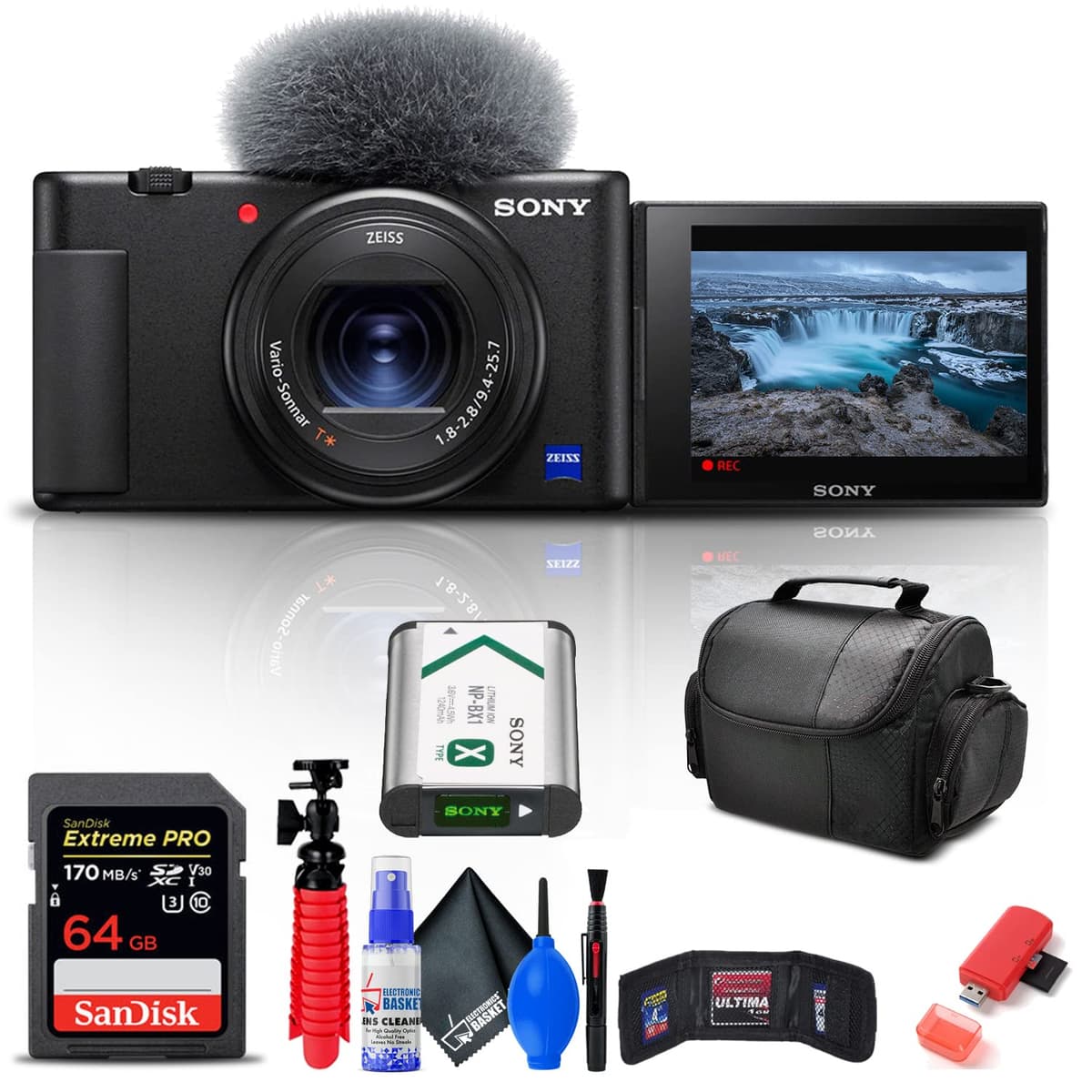 Cámara digital Sony ZV-1 (negra) (DCZV1/B) + tarjeta de memoria de 64 GB + lector de tarjetas + bolsa blanda de lujo + trípode flexible + cartera para tarjetas + kit de limpieza (reacondicionado) DCZV1/B_EDIRE_1