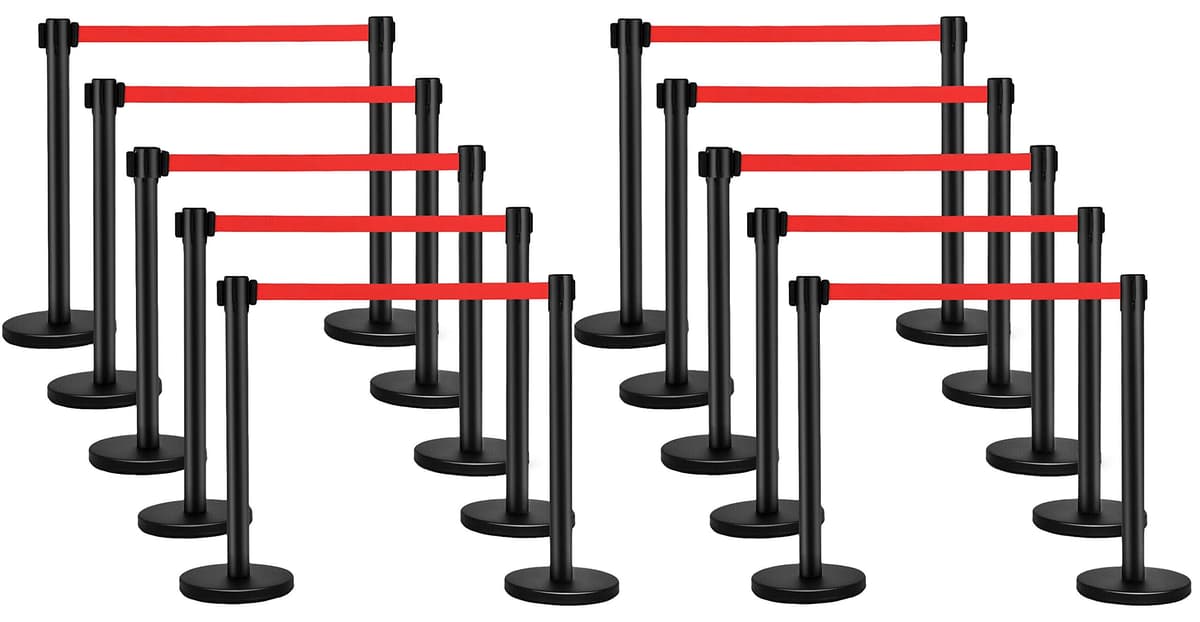Poste metálico Electriduct negro con cinturón retráctil rojo de 35" para control de multitudes y filas (20 piezas) TC-XT-STANCHION-BK/RD-20PK