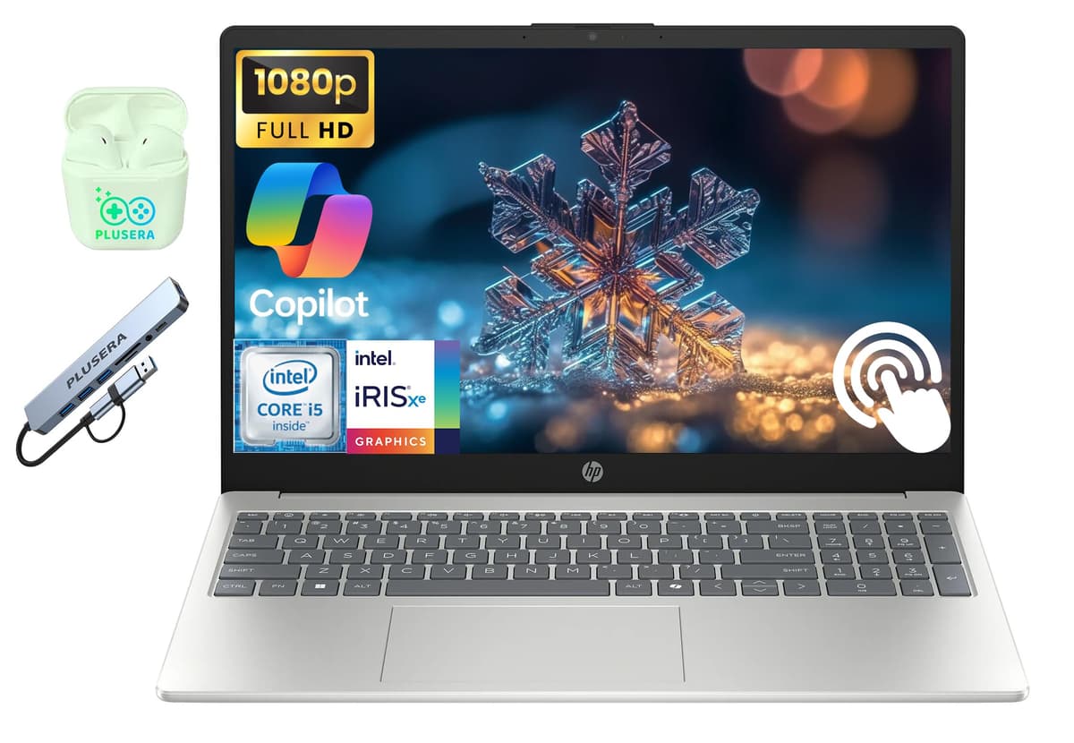 Laptop empresarial HP 15.6" FHD con pantalla táctil, procesador Intel i5 de 10 núcleos, Windows 11, 16GB RAM, 1TB almacenamiento (512GB SSD + set de docking 512GB), teclado numérico, audífonos PLUSERA, plateado natural
