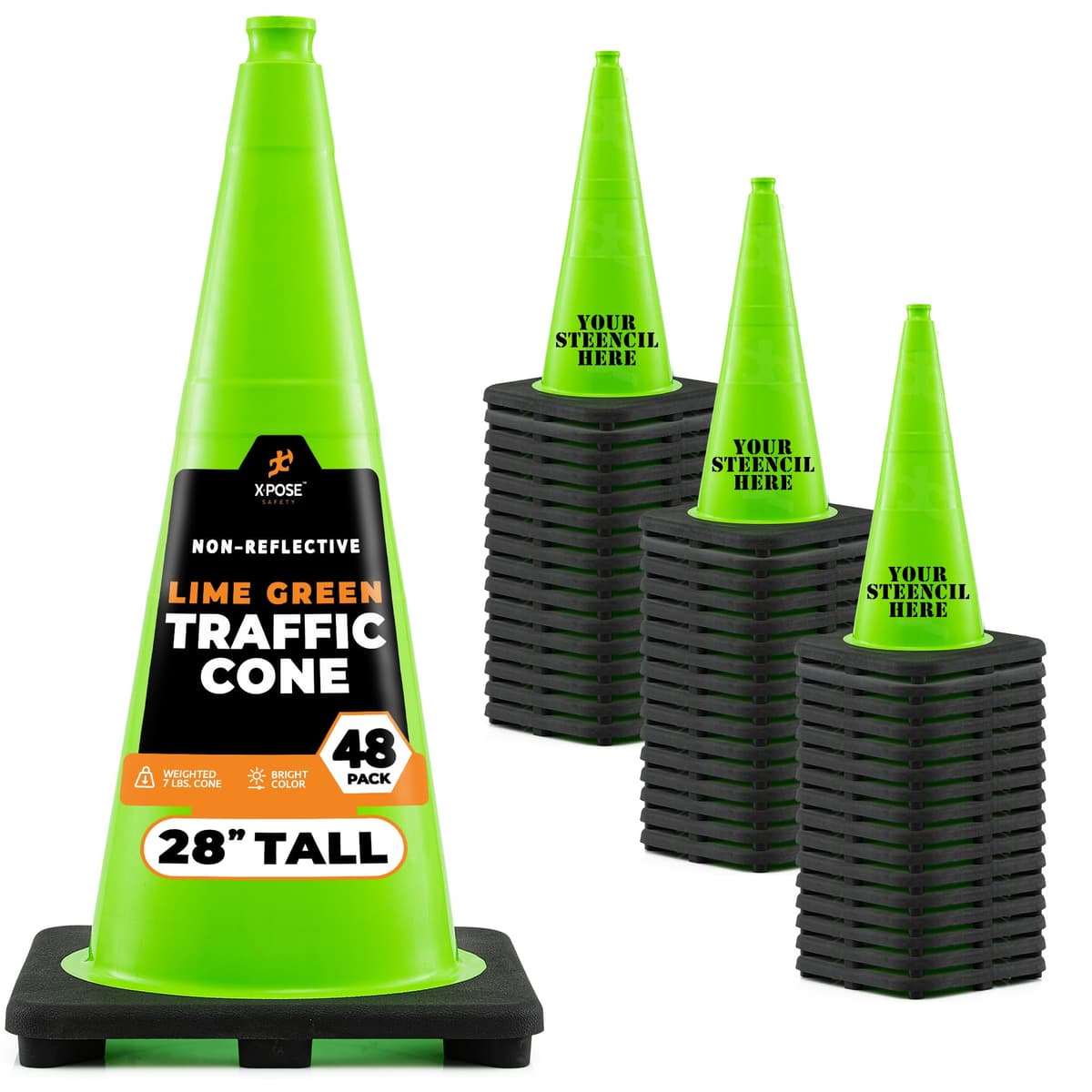 Xpose Safety cono de tráfico 28” verde lima - paquete de 48 LTC28-48-X