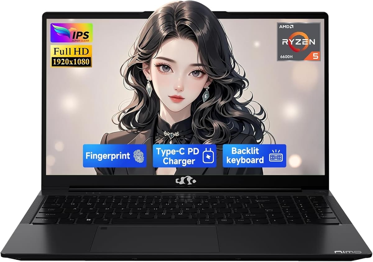 NIMO Laptop para Gaming 15.6" IPS FHD, AMD Ryzen 5 6600H, 16GB DDR5, 512GB SSD (Mejor que i5-1335U, 6 núcleos hasta 4.5GHz), GPU AMD Radeon 660M, USB-C 100W, Teclado retroiluminado con lector de huellas ARN21S