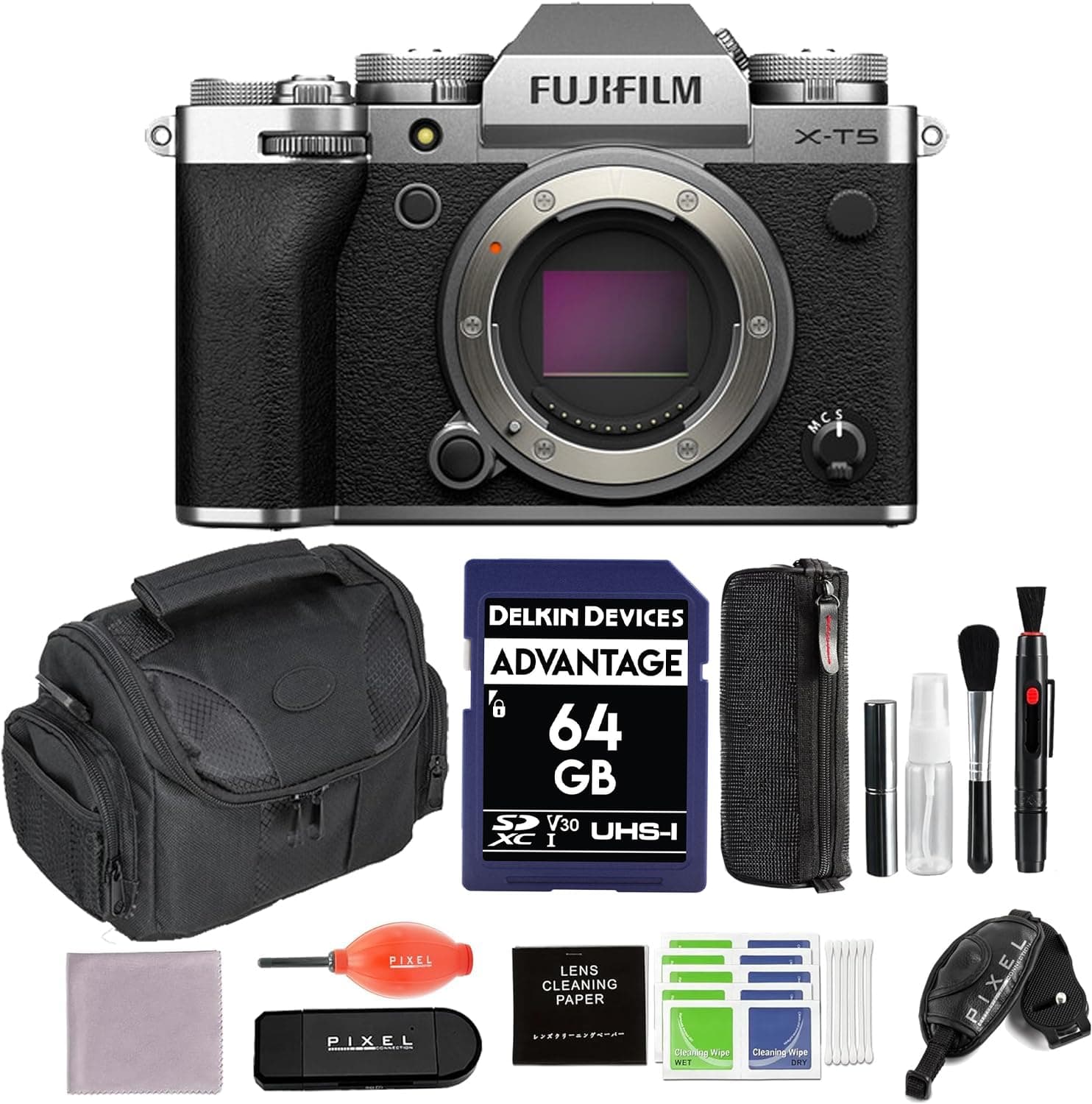 Pixel Connection FUJIFILM X-T5 Mirrorless Camera (Silver) Bundle con 64GB, funda y accesorios 16782337