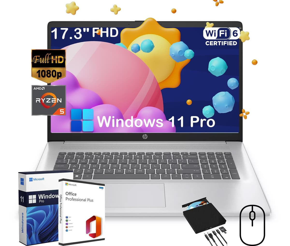 HP 17.3" FHD Laptop para Negocios y Estudiantes - AMD Ryzen 5 7430U, Windows 11 Pro, 32GB RAM, 2TB SSD