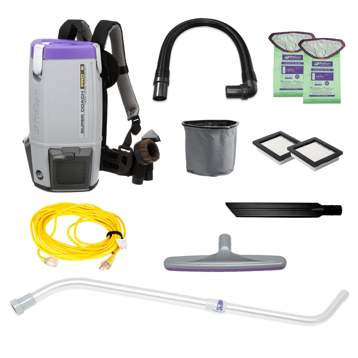 ProTeam Super Coach Pro 6 Aspiradora de Mochila Comercial con Kit de Herramientas, 6 Quart, Cableada, 107310