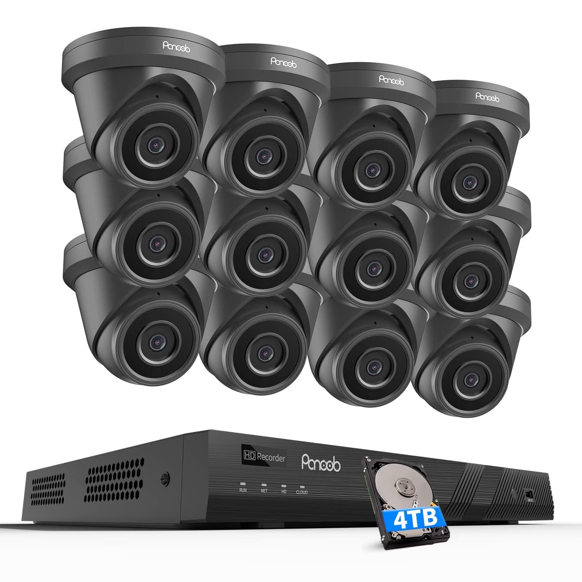 PANOOB 16 Channel 4K PoE NVR con 12 cámaras 8MP, detección AI, 4TB HDD PD93A31216-8M