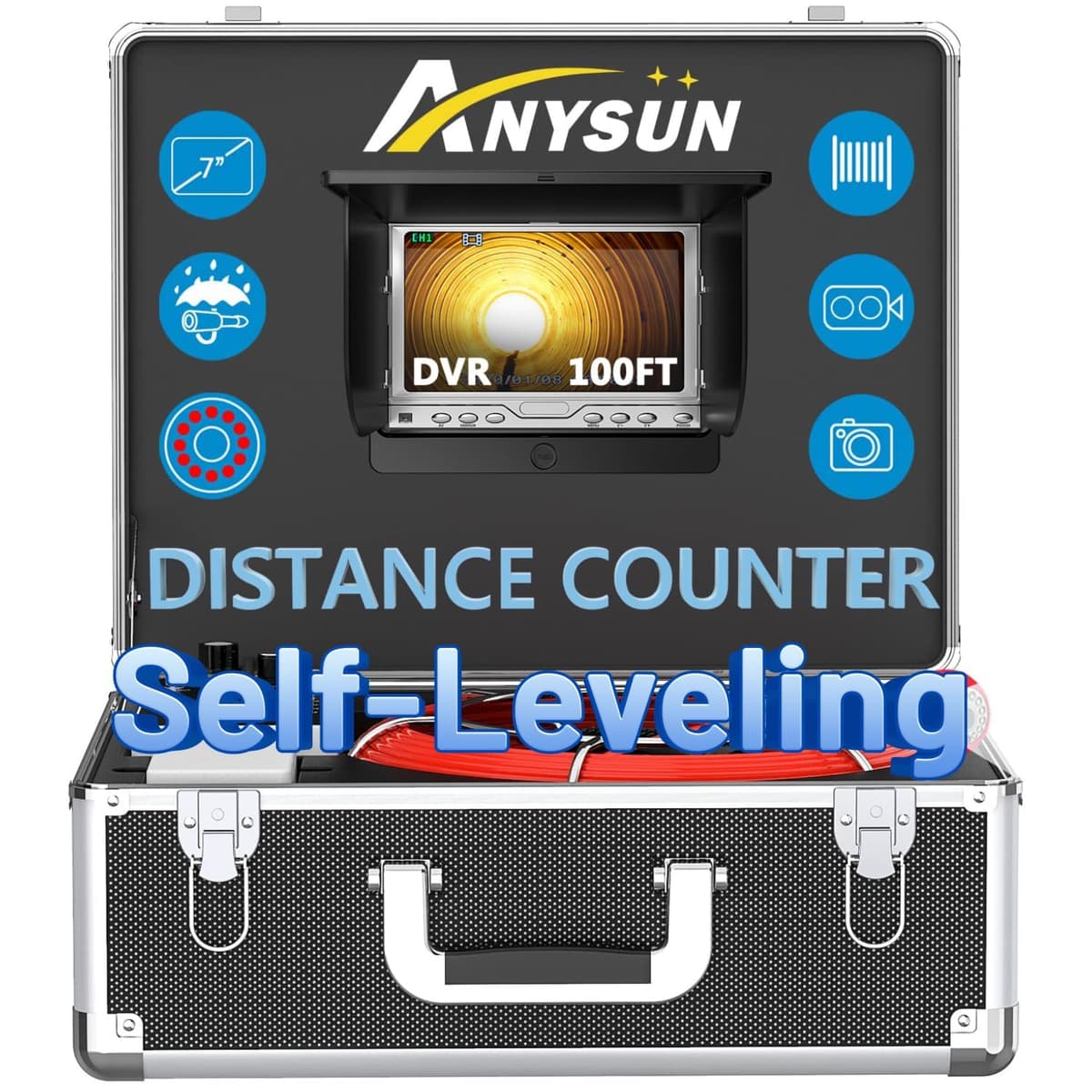 Anysun Cámara de Inspección de Cañerías IP68 con Autonivel y Contador, 100FT, 12 LEDs y DVR (Soporta Monitor Externo)