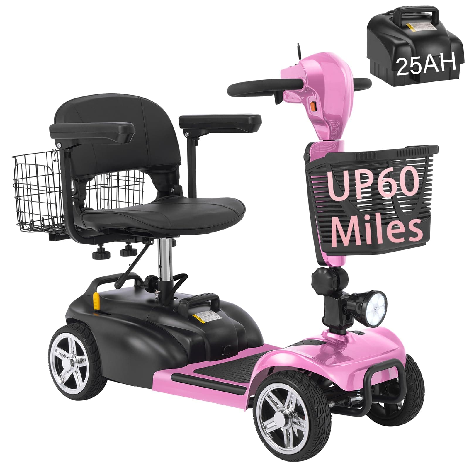 Ecomobi 4 Wheels Mobility Scooter 350W - Plegable con batería extraíble y doble canasto (15-30 Miles) MS02Z-15Ah with 25Ah Battery