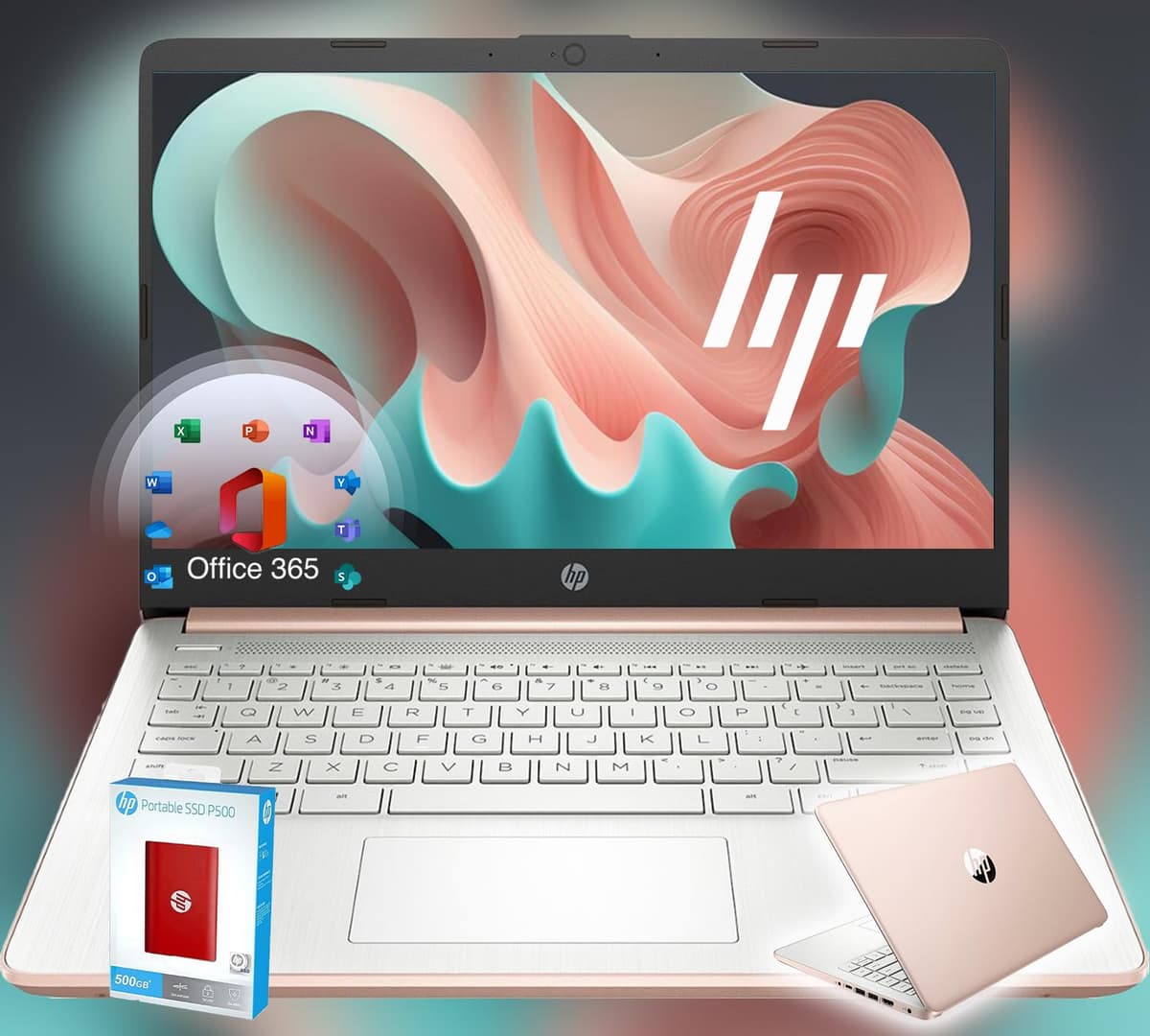 HP 14 Ultrabook • Edición Limitada Vuelta a Clases con Microsoft 365 • CPU Intel de 4 Núcleos • 32 GB RAM • 1.6 TB Almacenamiento (128 GB OnBoard con HP 512 GB P500 SSD Portátil + 1 TB OneDrive) • Rosa Dorado • Win 11