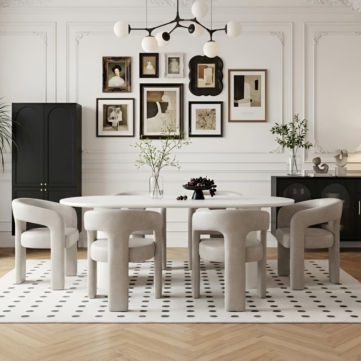 BESTANO Set de 6 sillas de comedor tapizadas en PU con respaldo abierto, diseño barrel, gris SYX5101