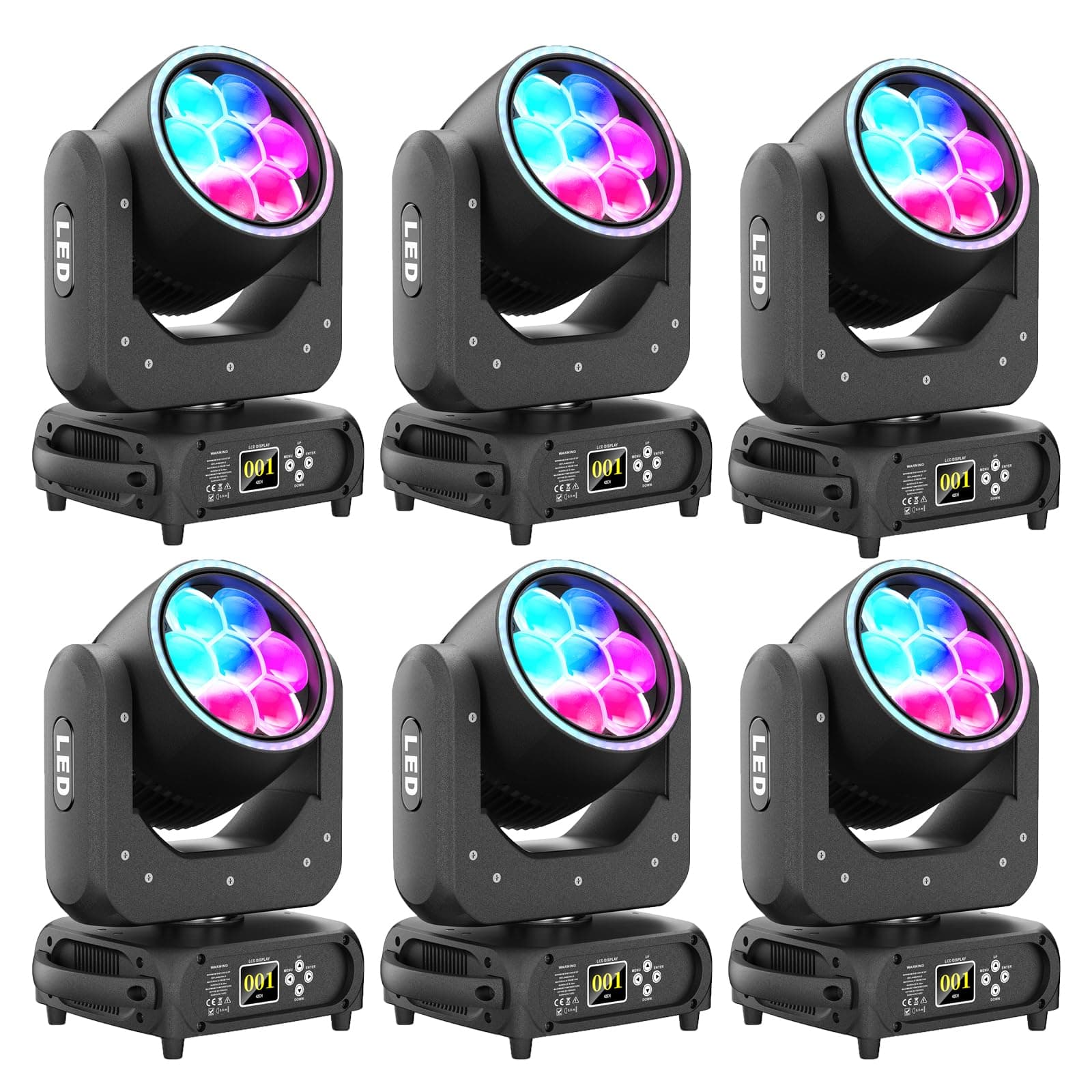 HOLDLAMP 6PC Zoom Moving Head Light con aro RGB, 7x40W LED 4-en-1 con control individual por DMX512 para conciertos 02111-06