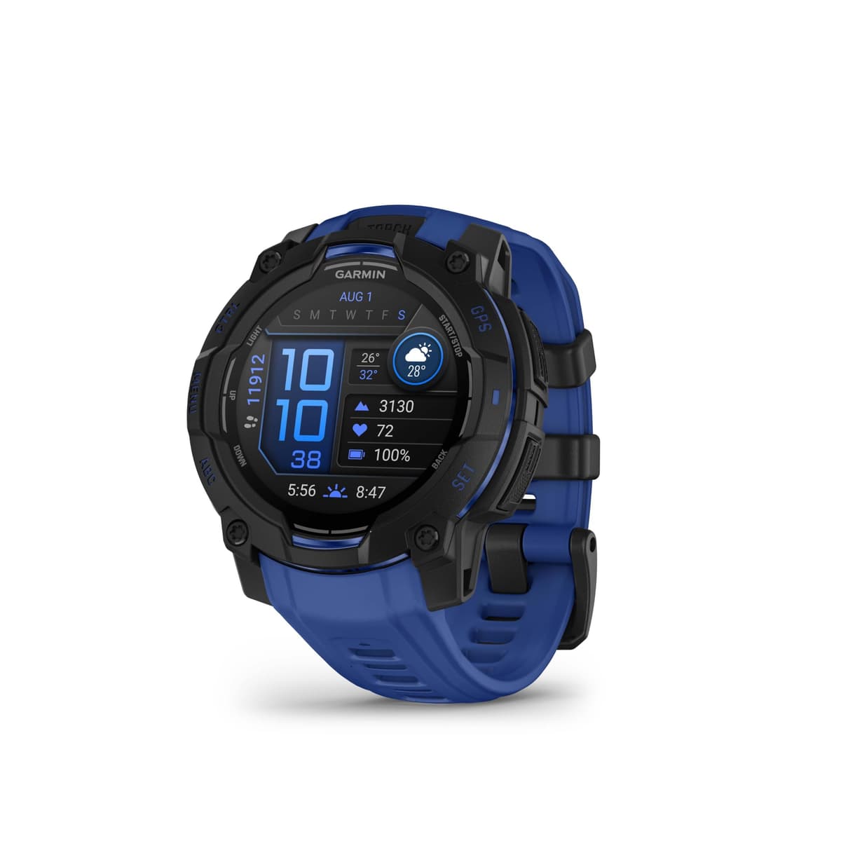 Garmin Instinct 3 - 45 mm, Pantalla AMOLED, Reloj Inteligente GPS Rugerizado para Exterior, Linterna Integrada, Edición Limitada Colección Supernova, Negro con Correa de Silicona Azul Rayo/Negra 010-02936-03