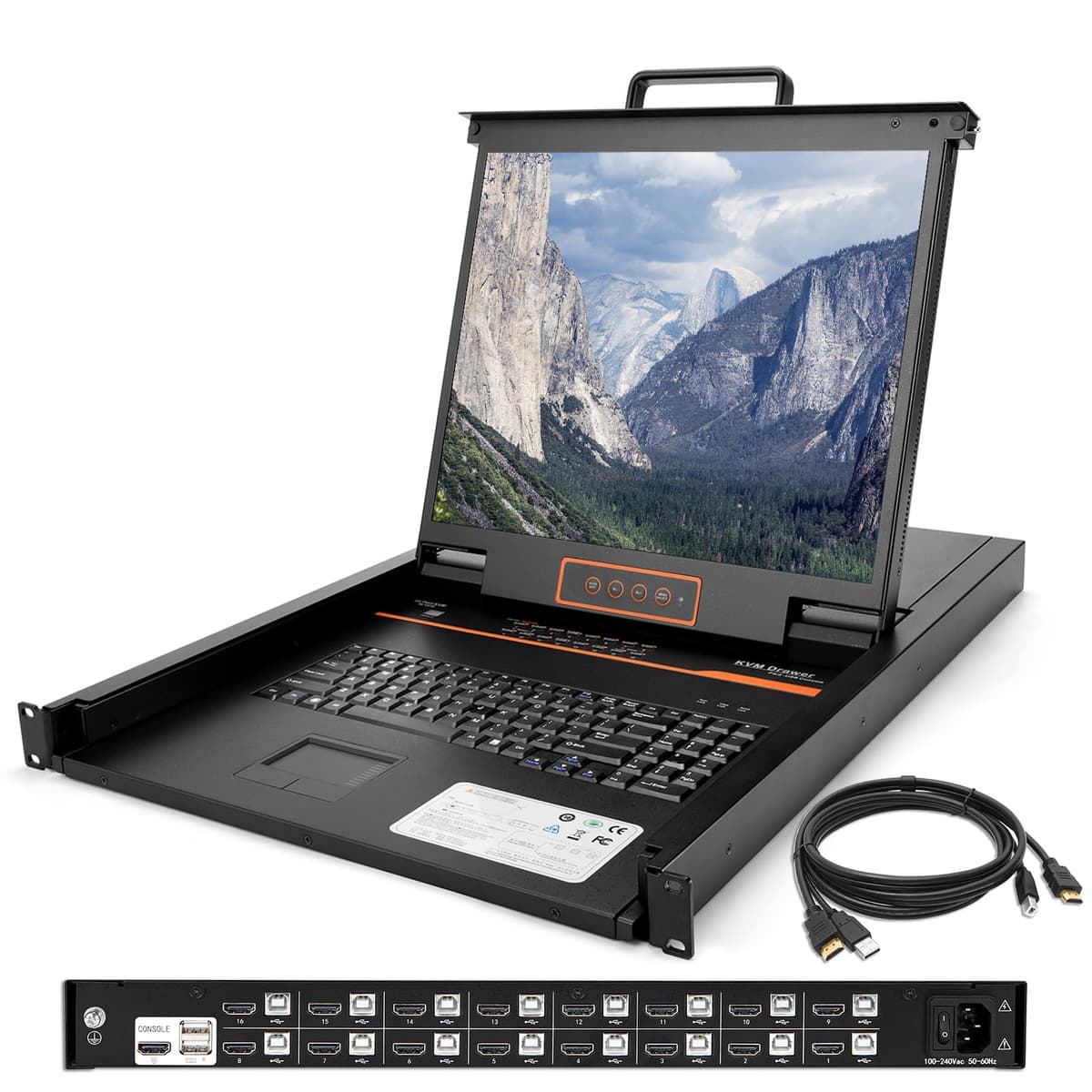 Kinan KVM Console 16 puertos 1U con monitor LCD 19", teclado y touchpad, switch HDMI 1280x1024 @60Hz Kinan-LH1916