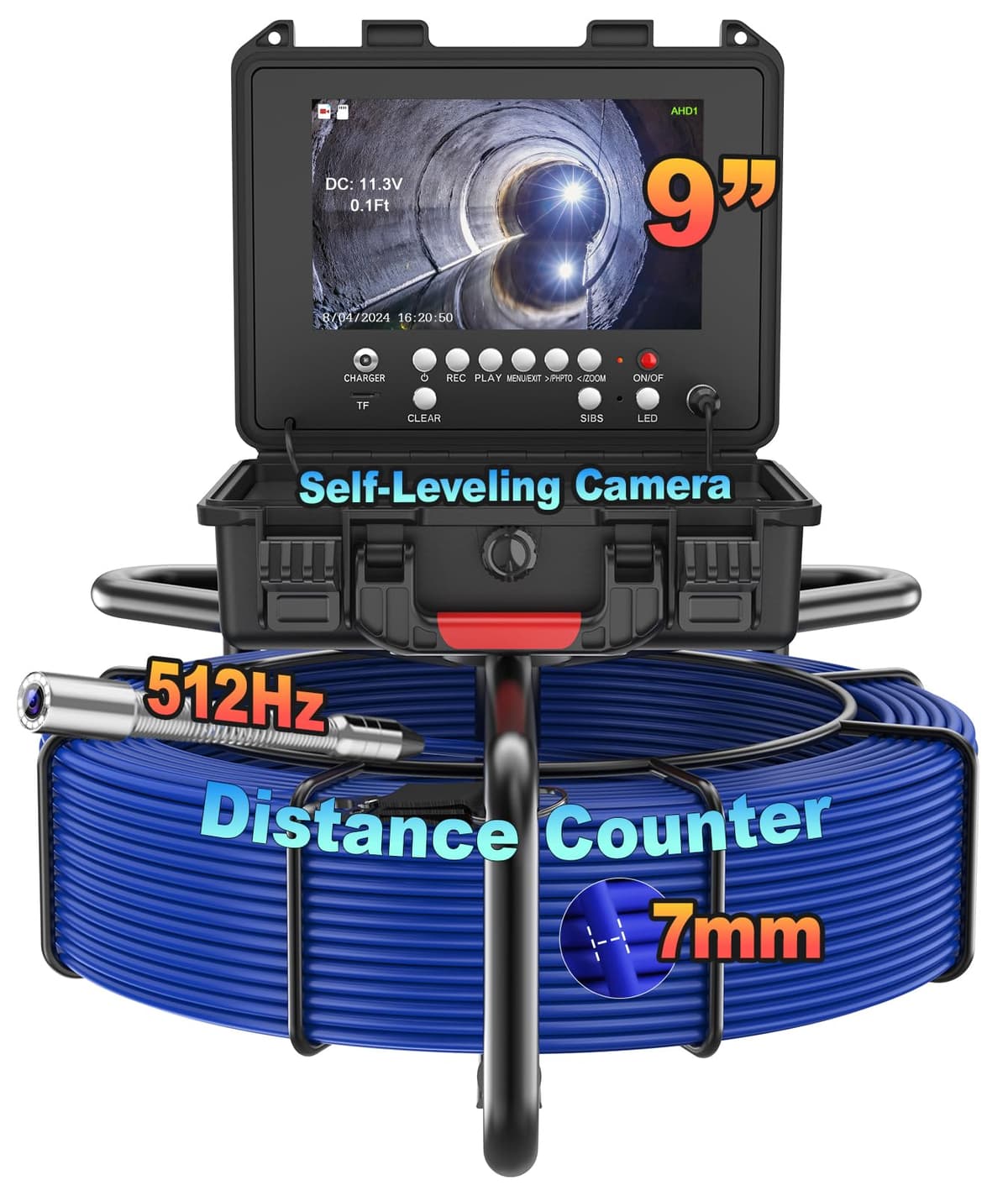 Anysun Sewer Camera Self-Leveling 200FT/60M, 9'' 1080P IPS, Transmitter 512Hz, Contador de Distancia, Cable 7MM, Mic/DVR, IP68, 32GB