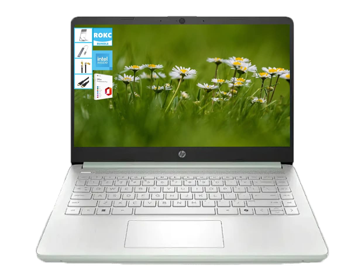 Laptop HP de 14" HD con IA, Microsoft Office y 1 TB de almacenamiento en la nube por 1 año | 16 GB RAM | 128 GB SSD | CPU Intel de 4 núcleos | Cámara web | Wi-Fi | Bluetooth | Ultra ligera | Windows 11 | Paquete RK | Color verde 14-dq6013dx