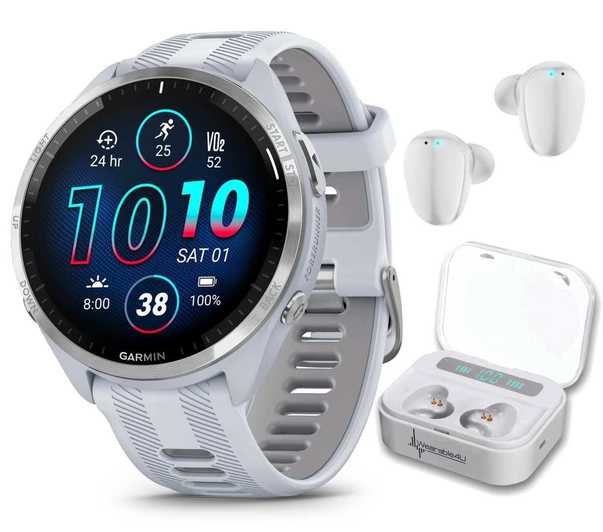 Wearable4U - Garmin Forerunner 965 Reloj Inteligente GPS Premium para Correr y Triatlón 47 mm con Pantalla Táctil AMOLED, Bisel de Titanio con Correa de Silicona Whitestone y Paquete con Auriculares Blancos TWS X7/X7-1