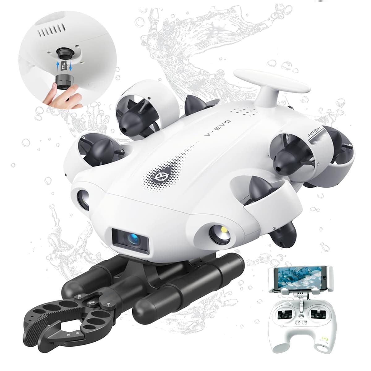 【2025 Nuevo】FIFISH V-EVO 4K60FPS Dron Submarino con Brazo Robótico, con Tarjeta SD Extraíble, Visión AI QYSEA con Bloqueo, Movimiento Omnidireccional 360° ROV Submarino con Mantenimiento de Profundidad