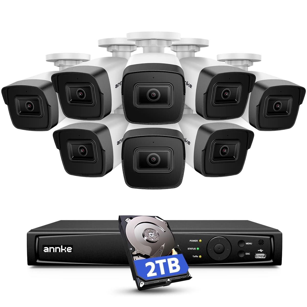 Sistema de Cámaras de Seguridad ANNKE 5MP, Grabador NVR 16CH con Detección de Movimiento AI, 8 Cámaras IP PoE 3K con Cable y Micrófono Incorporado, IP67, Lente 2.8mm, Compatible con Alexa para Vigilancia Comercial y Doméstica, HDD 2TB AU-N46PCK2-V4-58DL-V5-P