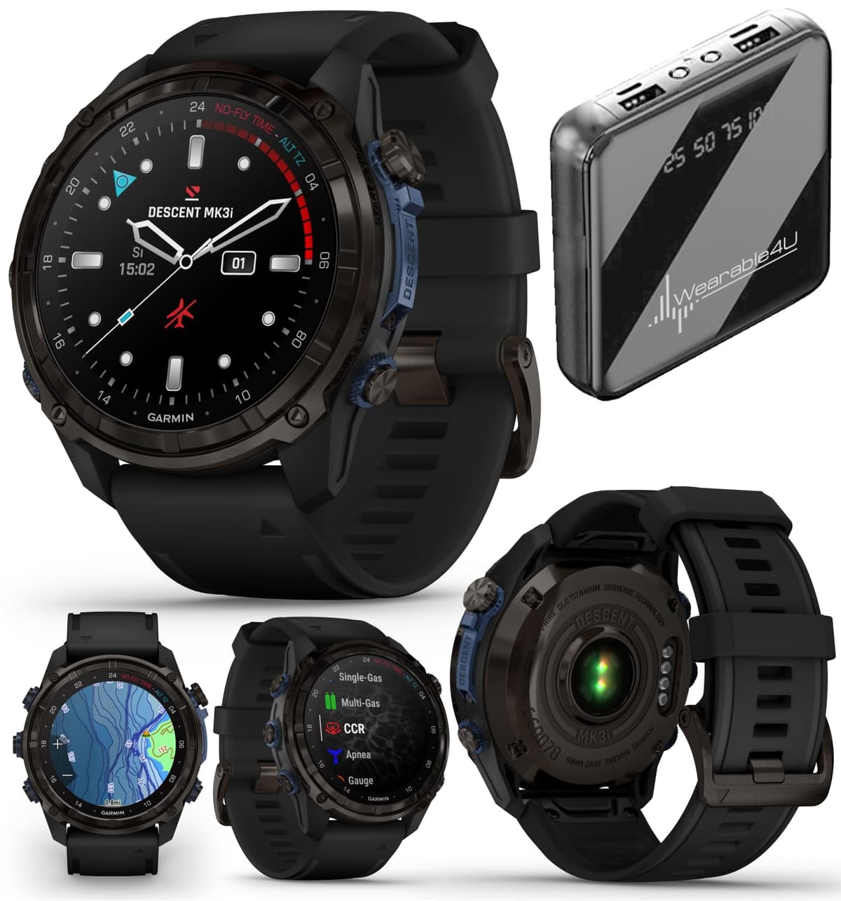 Wearable4U Garmin Descent Mk3 / Mk3i 51/43 mm Titanium Dive Computer + Correa extra larga (010-02752-10)