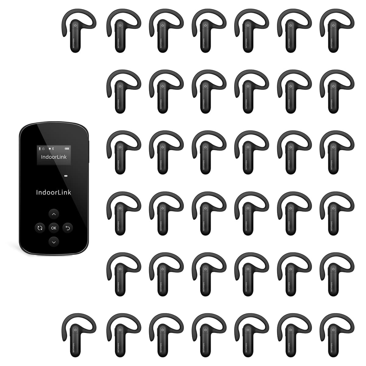 IndoorLink E211+E103 Sistema inalámbrico para guías turísticas - 1 transmisor de mano y 38 receptores, rango amplio