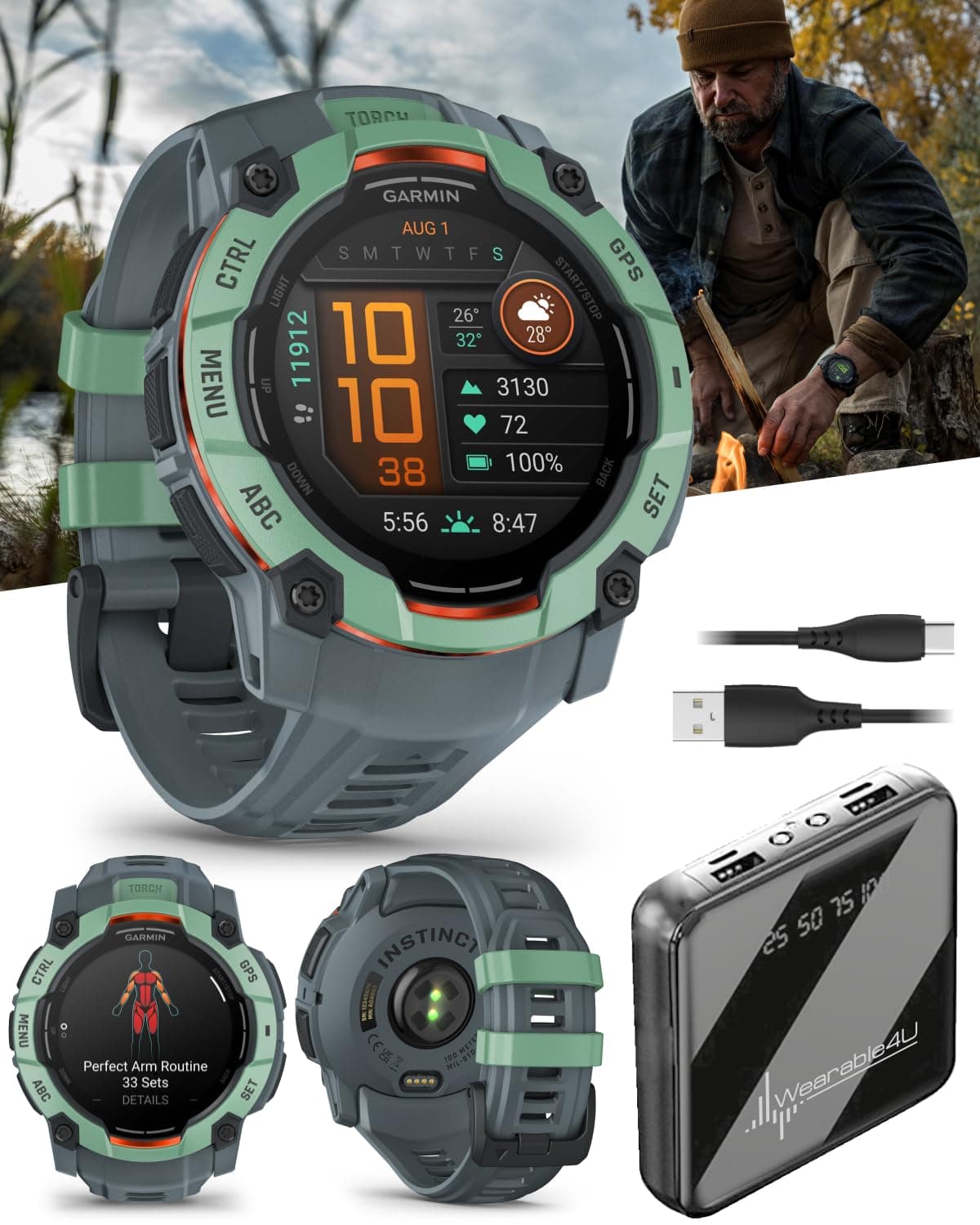 Wearable4U Garmin Instinct 3 50 mm, pantalla AMOLED, reloj inteligente GPS resistente para exteriores, bisel reforzado con metal, linterna integrada, hasta 18 días de batería, paquete Neotropic con banda Twilight