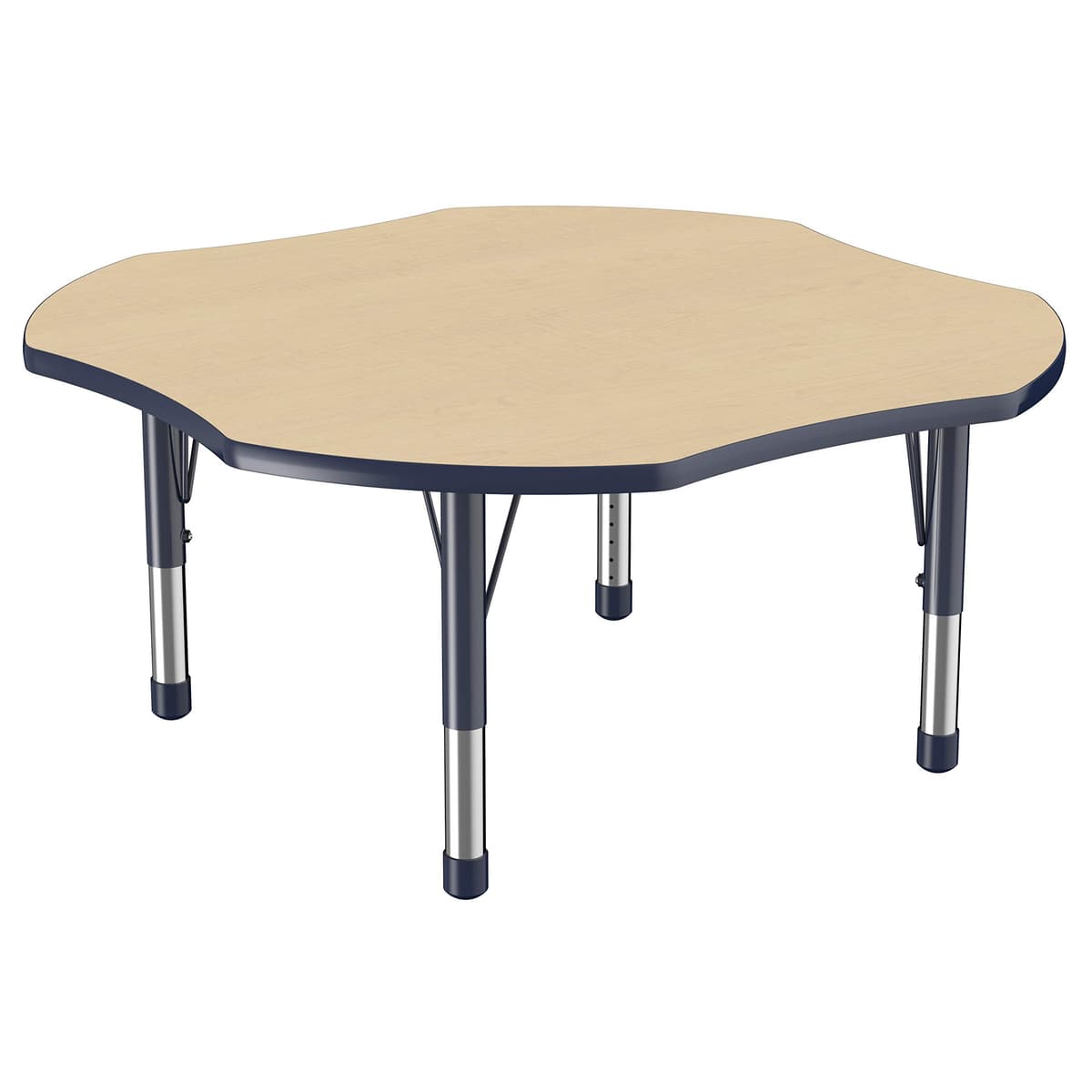 Factory Direct Partners Mesa escolar cúbica ajustable FDP Clover Activity Table 48 x 48 in con patas gruesas regulables 15-24 in, tope maple y borde navy 10083-MPNV