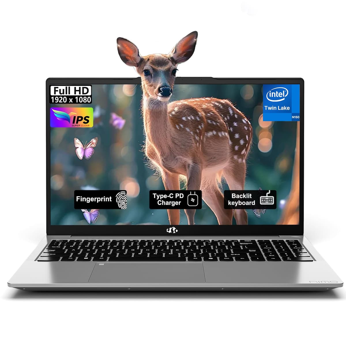 NIMO Laptop 15.6" FHD, Intel Pentium N150 (rinde como i3-1115G4, 4 núcleos hasta 3.6 GHz), teclado retroiluminado, cargador Type-C 65W, huella dactilar, 8GB RAM 512GB SSD, para hogar, estudiantes y negocios NIMO N157