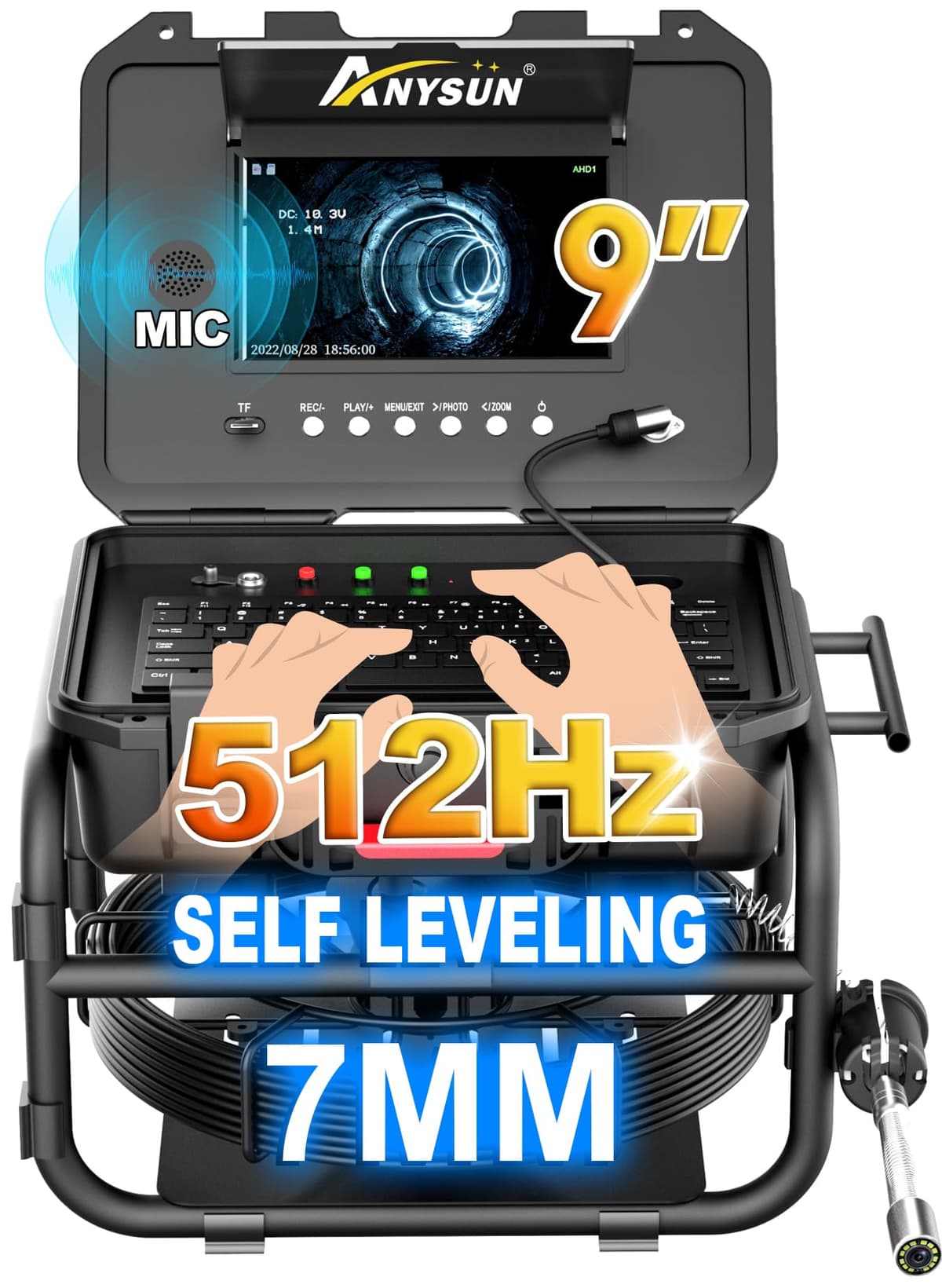 Anysun All-in-1 Sewer Camera 131FT/40M, 9'' 1080P, 512Hz, Auto-nivelante, Contador, Cable 7MM, Teclado, Mic/DVR, IP68, 16GB sewer camera with locator 5100