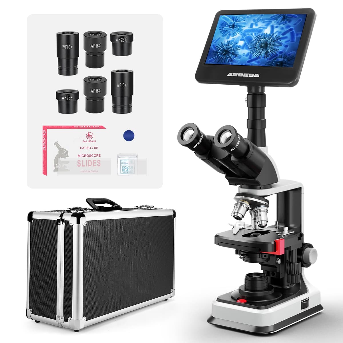[Monitor inteligente 24MP] Microscopios trinoculares compuestos Vabiooth Lab 40X-2500X de aumento con monitor de 7" Software gratuito-Captura de imágenes y video con un clic, medición de longitudes, oculares de campo ancho VB-M006-SM-US
