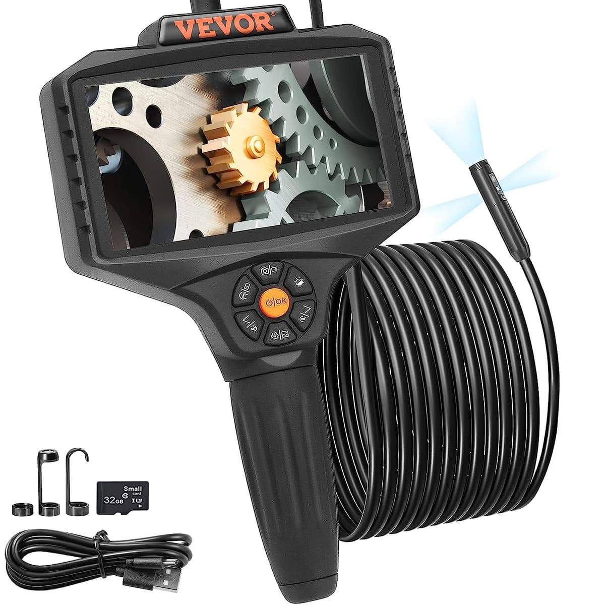 VEVOR Triple Lens Inspection Camera with Light, 5\" IPS Screen Industrial Borescope, 8X Zoom 1080P HD Split Screen, 10 LED Lights Scope Camera for Automotive, Plumbing(16.5FT)