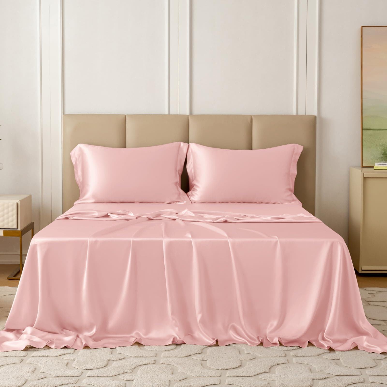 THXSILK Juego de sábanas de seda 22 Momme 4 piezas para Queen, Charming Pink