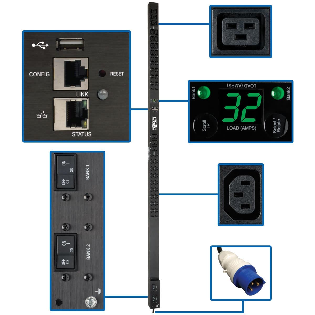 Tripp Lite PDU Monitoreado 7.4 kW 230 V 32 A Azul 36 C13 6 C19 IEC 309 Interfaz de Plataforma LX 0URM TAA (PDUMNV32HV2LX)