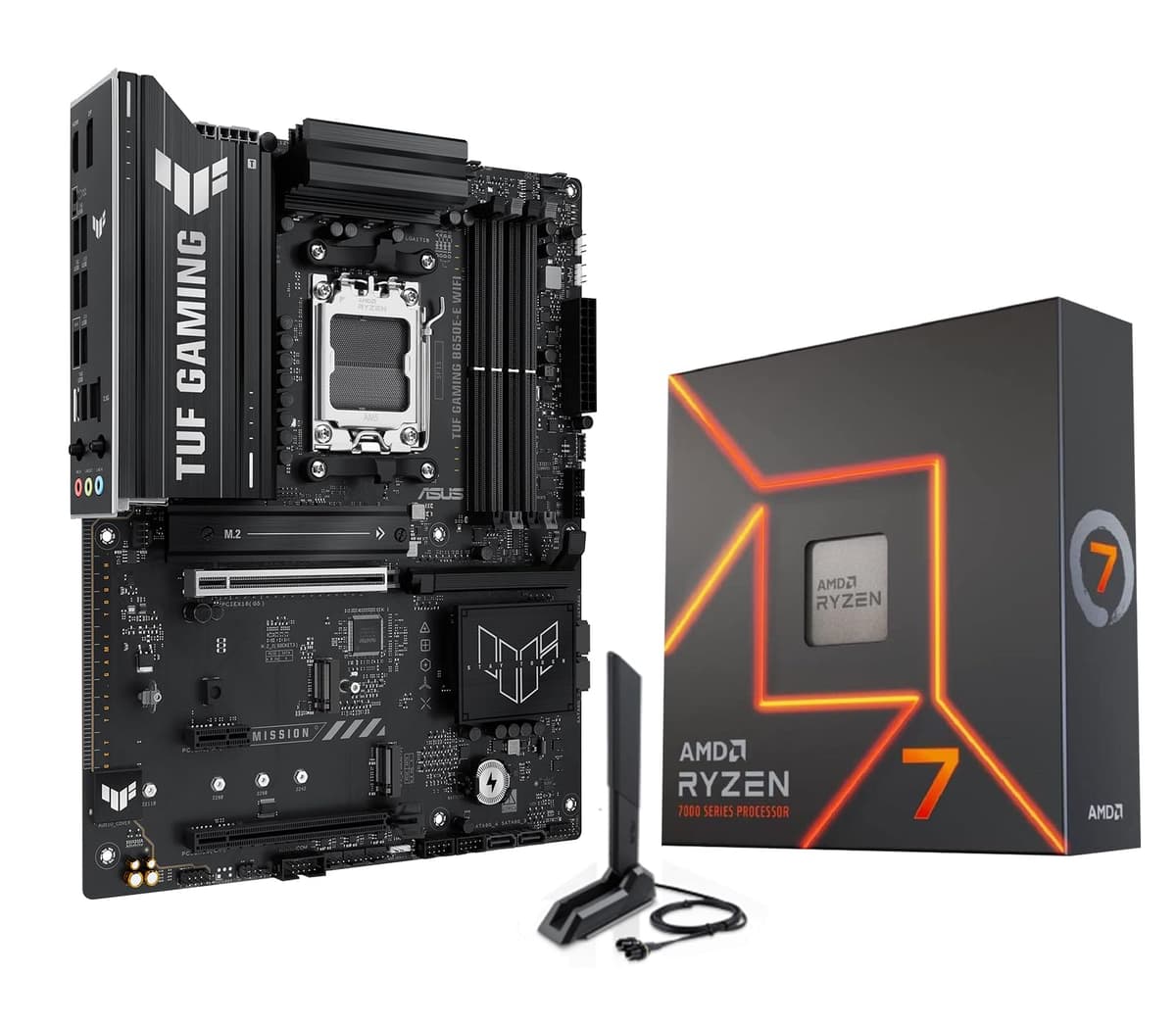 MICRO CENTER Paquete CPU AMD Ryzen 7 7700X con Placa Madre ASUS TUF Gaming B650E-E WiFi AM5 ATX (DDR5, Compatible PCIe 5.0,3x M.2, Wi-Fi 6E, USB 20 Gbps Tipo-C) 7700XTUFGAMB650EEWF