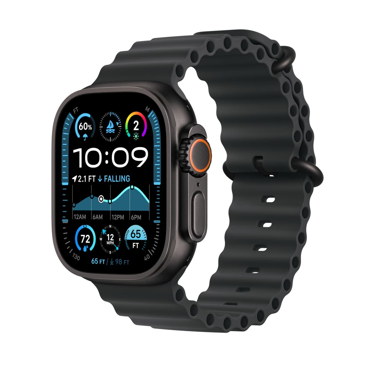 Apple Watch Ultra 2 [GPS + Celular 49 mm] Smartwatch, Reloj Deportivo con Caja de Titanio Negra y Correa Ocean Negra. Monitor de Actividad Física, GPS de Precisión, Botón de Acción, Batería de Larga Duración MX4P3LW/A