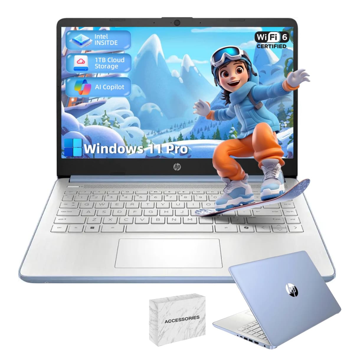 Laptop empresarial para estudiantes HP - Procesador Intel N150, 16 GB RAM, 384 GB de almacenamiento (128 GB UFS + 256 GB MSD), Microsoft Office de por vida, con unidad de DVD, Copilot AI, 1 TB de almacenamiento en la nube, con tecnología AI, azul cielo