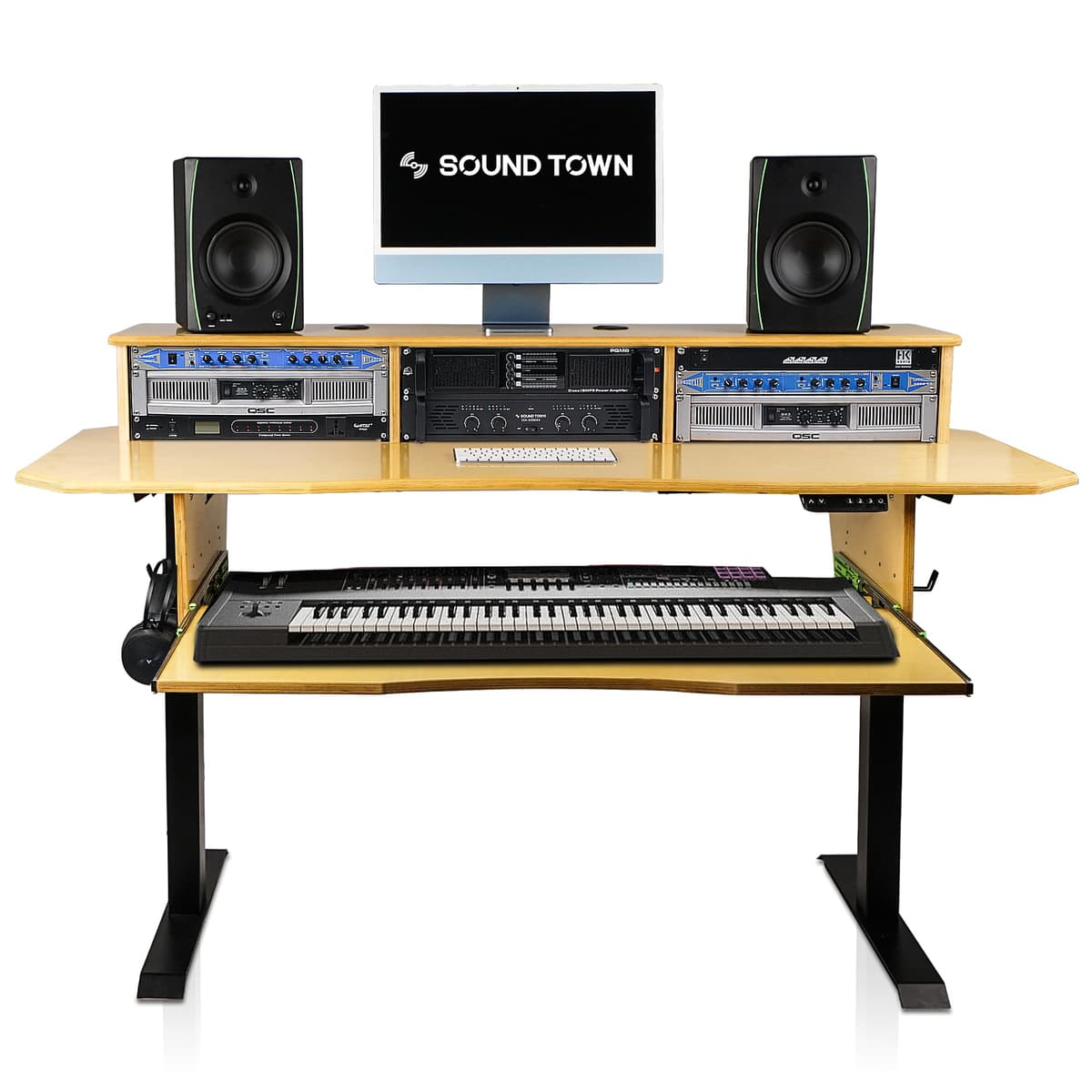 Sound Town SDRK-SD1 Escritorio Estudio Ajustable Eléctrico, 3x4U Rack, Bandeja Teclado, Golden Oak