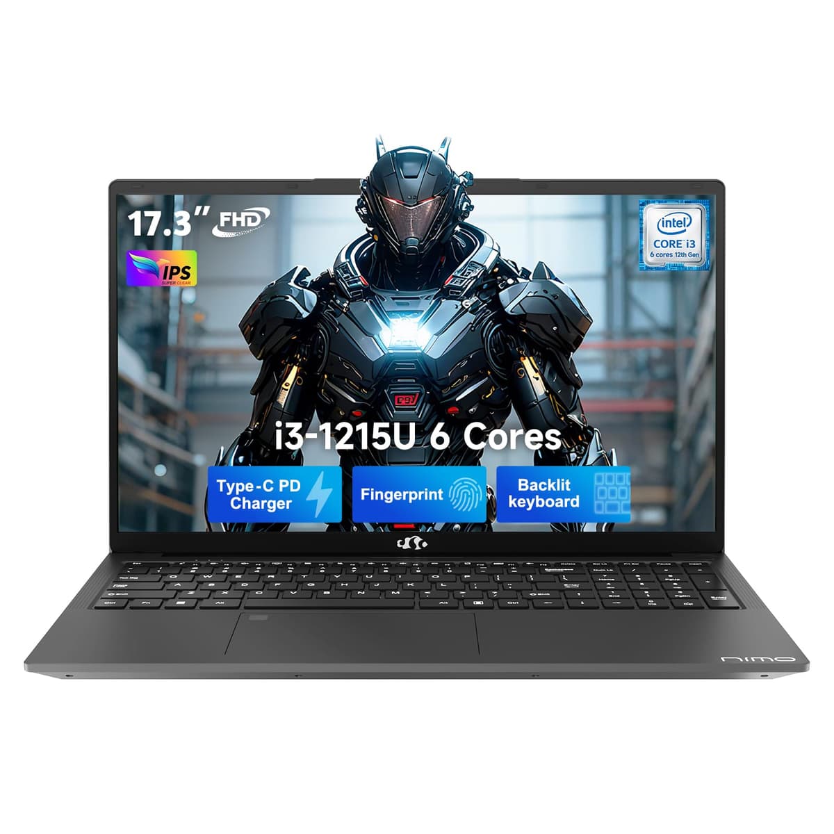 NIMO 17.3" IPS FHD Laptop, Intel 6 núcleos I3-1215U 32GB RAM 1TB SSD (Beat R5 7520U, hasta 4.4GHz) Computadora para estudiantes con USB-C 65W, teclado retroiluminado, lector de huellas, Wi-Fi 6, para hogar y negocios NIMO N171