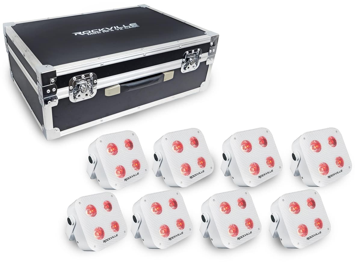 Rockville MINI RF4 V2 Charge Package White - 8 luces Par Wash LED MINI con estuche de carga, RGBWA+UV, App, DMX inalámbrico, recargables