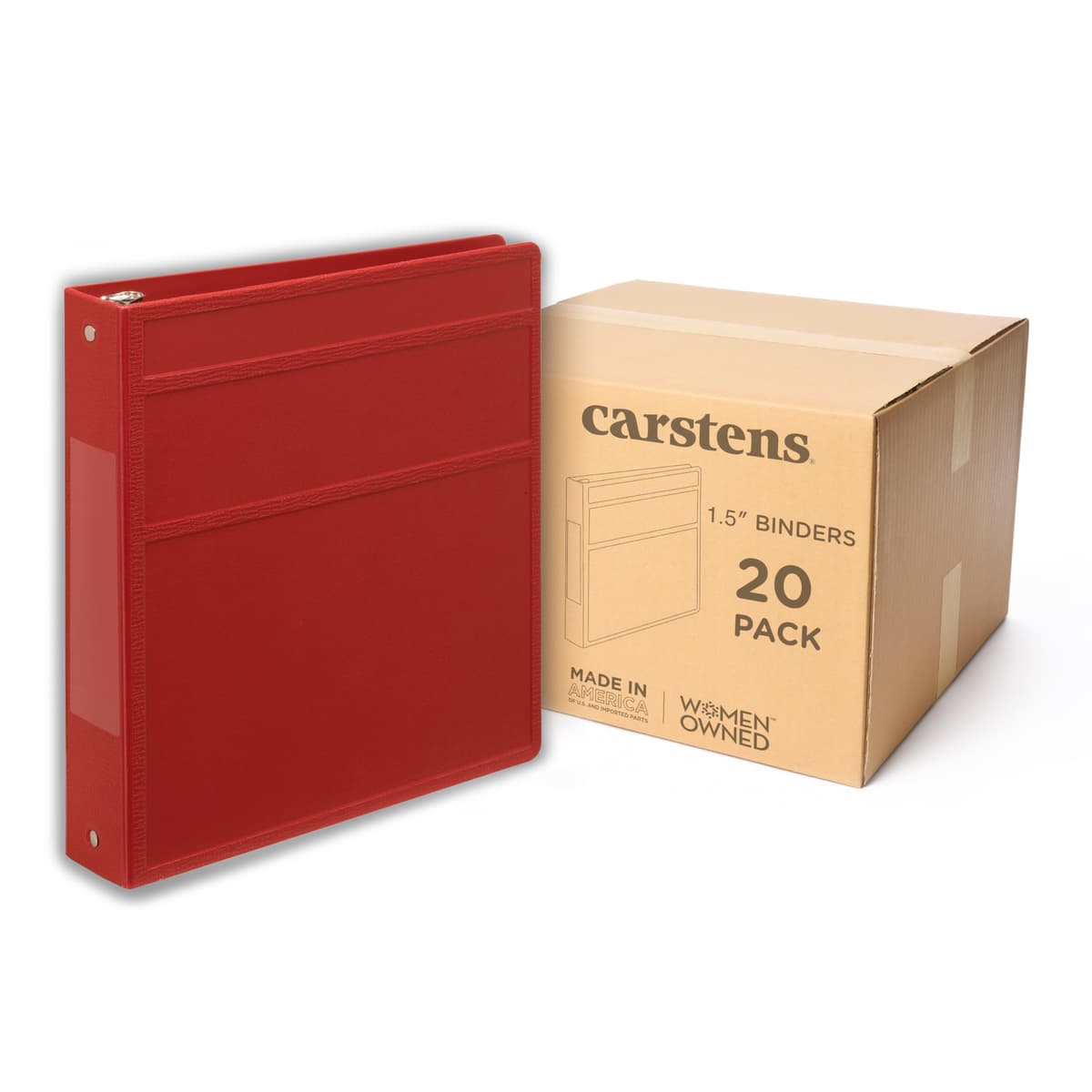 Carstens 1.5-Inch Heavy Duty 3-Ring Binder - Side Opening, Brick Red, 1.5" rings, resistente, sin bolsillos, hecho en USA (2049-3R) 2049-3RCS