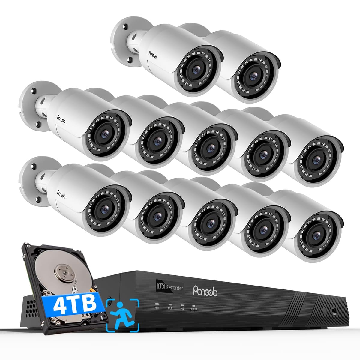 PANOOB Sistema de Cámaras de Seguridad 16 Canales, NVR 4K 16CH 4TB HDD, 12 Cámaras de Vigilancia Cableadas 5MP, Exterior, Detección Humana, Micrófono Integrado, Visión Nocturna IR 100 ft PB37F1216-5M