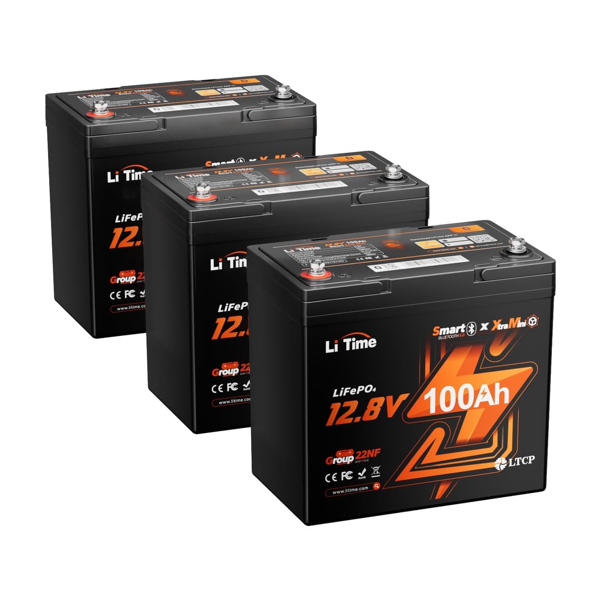 Litime 12V 100Ah Xtra-Mini LiFePO4 con Bluetooth - 100A BMS, Mini 12V (3 Pack) L12V100-100-MINI-BT-16-A60-PACK3