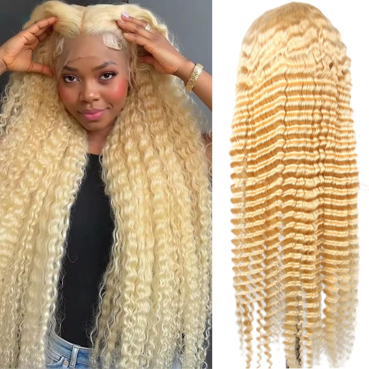 Peluca Frontal de Encaje HC 40 Pulgadas 613 Cabello Humano 13x6 Rubio Ondas Profundas Encaje Transparente HD Densidad 200% Pre-despuntada Frontal de Encaje para Mujer Estilo Natural y Seguro