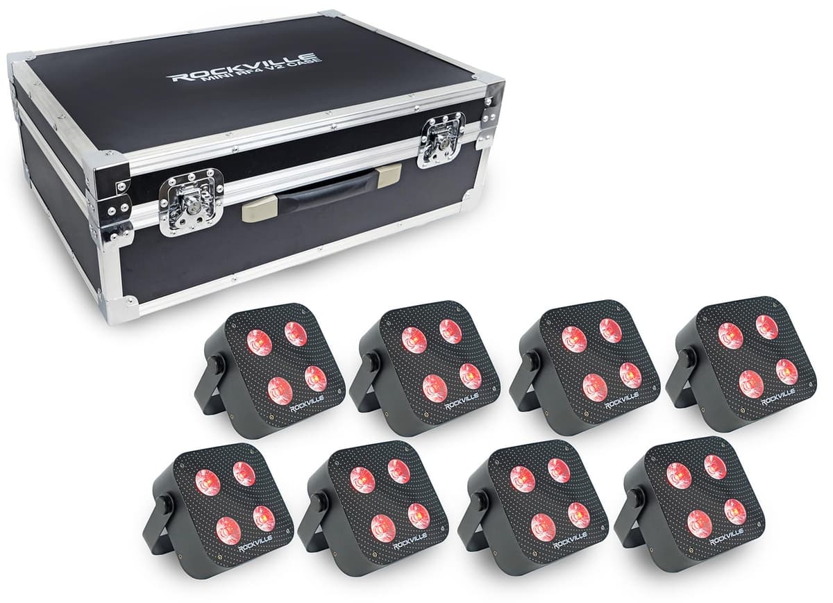Rockville MINI RF4 V2 Charge Package Black - 8 par wash LED recargables RGBWA+UV con estuche