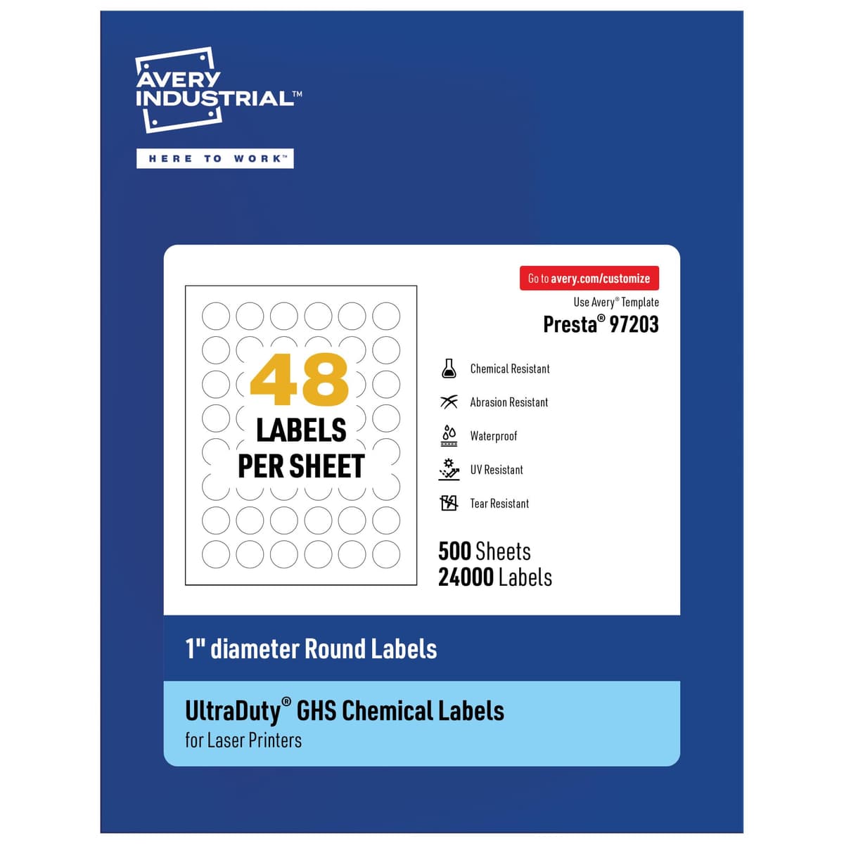 Avery UltraDuty GHS Labels 1" redondas impermeables 24000 unidades para impresoras láser 97203-WMU500
